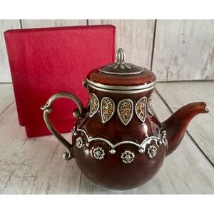 NIB Miniature Decorative Teapot Trinket Box Rhinestone Enamel Brown Silver Tone